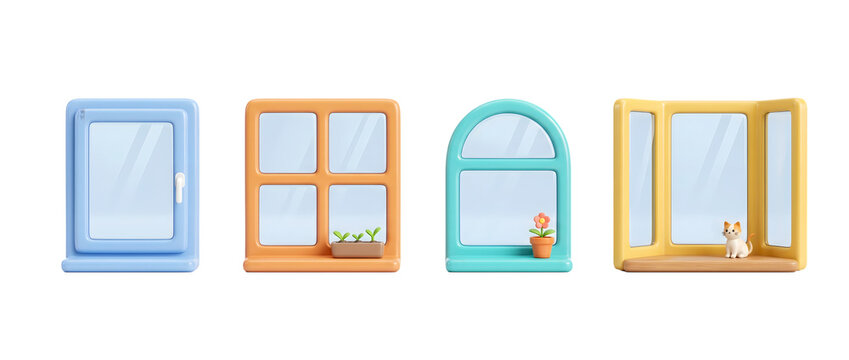 An eye-catching image displays a set of four stylish 3D windows showcasing minimalistic design and vibrant colors compatible with contemporary home decoration themes.