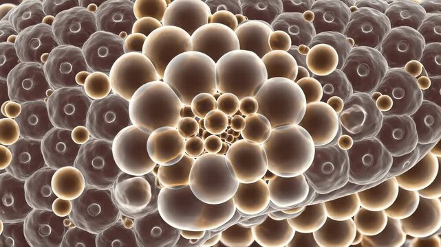 Liver cells accumulating fat droplets, gradual buildup inside cells