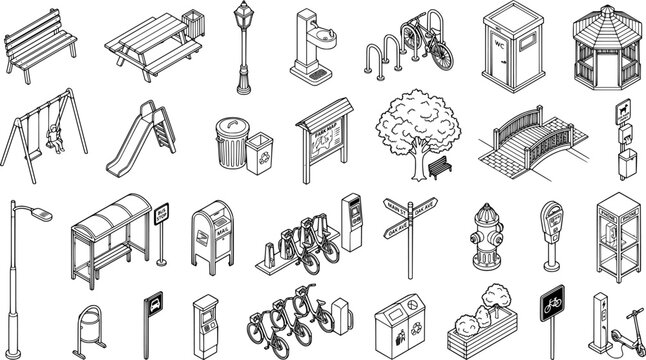 Collection of isometric line art illustrations of park and street furniture and elements
