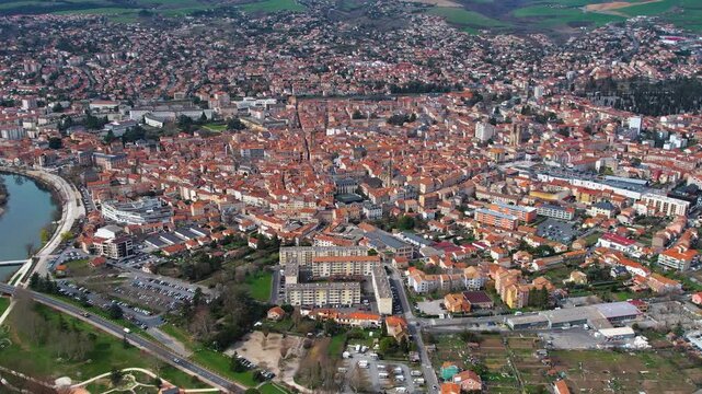 Aerial around the city Millau, 12100, France on a sunny day in early spring.