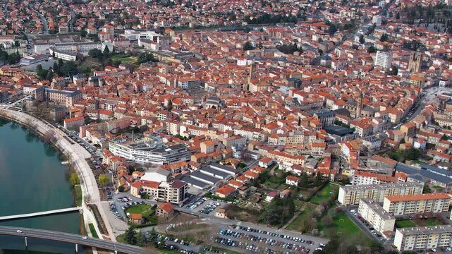 Aerial around the city Millau, 12100, France on a sunny day in early spring.