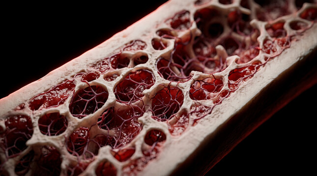 Macroscopic view of trabecular bone structure with internal vascular network.