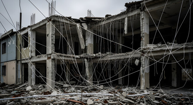 Ruins of abandoned building with exposed concrete and debris scattered on the ground. Symbol of urban decay and structural collapse,
