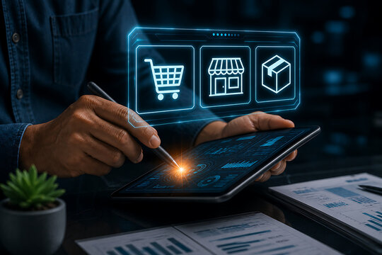 Digital tablet user analyzing retail sales data with shopping cart and store icons displayed on screen