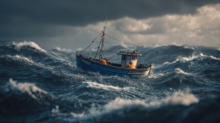 Obraz premium Realistic 8K photo of a small fishing boat battling stormy ocean waves, dark clouds, dramatic lighting, ultra-detailed water textures 