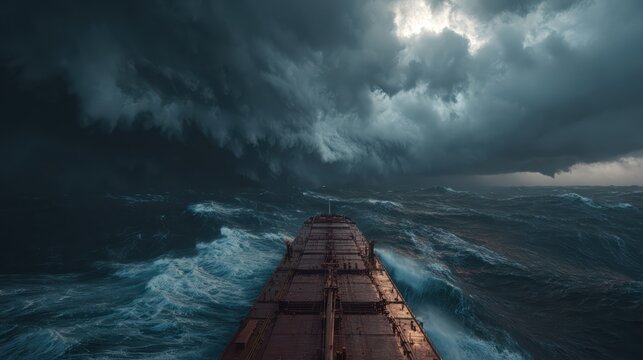 Massive ship facing powerful waves, storm clouds rolling above, realistic lighting, cinematic 8K photo 