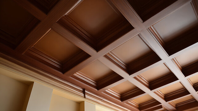 Elegant architectural detail of a classic coffered ceiling showcasing rich brown wood panels and intricate crown molding design