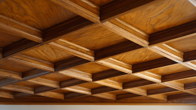 Elegant coffered ceiling design featuring natural wood finish and intricate geometric patterns, showcasing classic architectural detail and warm aesthetic