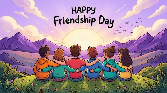 Happy international friendship day diverse friends silhouette with scenic mountain view