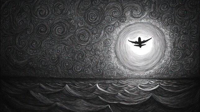 A plane soars above a dark, textured sea under a luminous moon