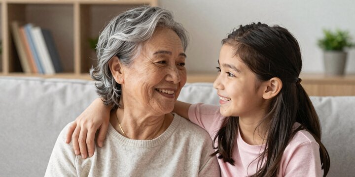 Granddaughter affectionately embraces her grandmother in a heartwarming display of love