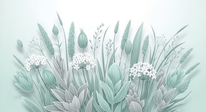 Minimalist Mint Succulent Wild Grass Botanical Illustration