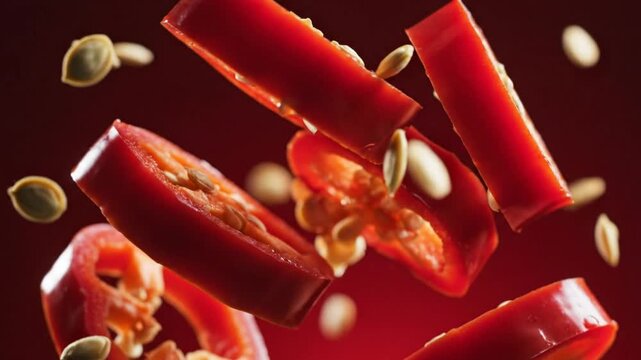 Cinematic slow motion of sliced red chili peppers and seeds falling on a dark background.