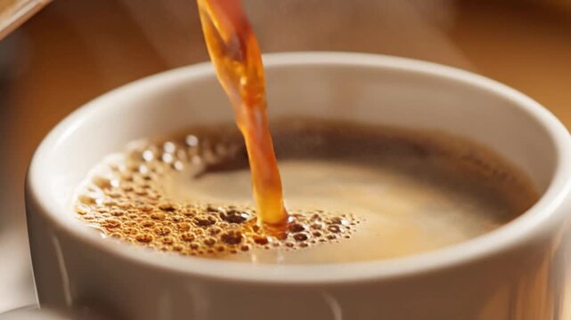 Close up view of hot fresh coffee being poured into a white ceramic cup creating foam and bubbles.