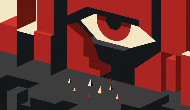 Neo-constructivist illustration of a brutalist architectural panopticon eye watching a crowd of pawns