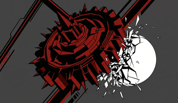 Neo-constructivist vector style illustration of a massive red spiked gear crushing a white sphere into shards