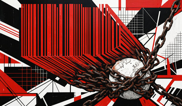 Neo-constructivist illustration of a white globe wrapped in rusty iron chains with a red barcode