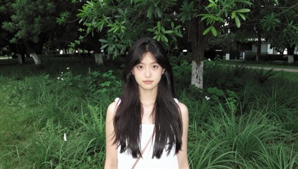 Naklejka premium Young asian woman stands in a lush, green garden setting on a summer day