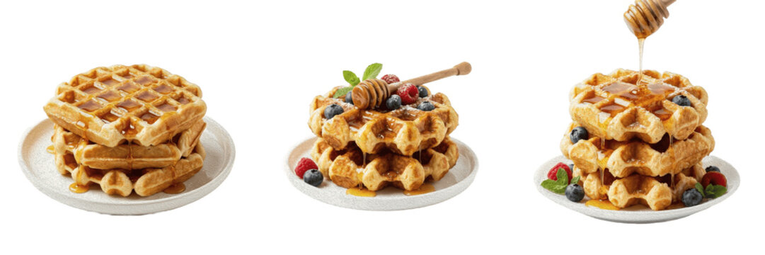 Three Stacks of Golden Belgian Waffles with Fresh Berries and Honey Drizzle Isolated on White Background High-Quality PNG Stock Image