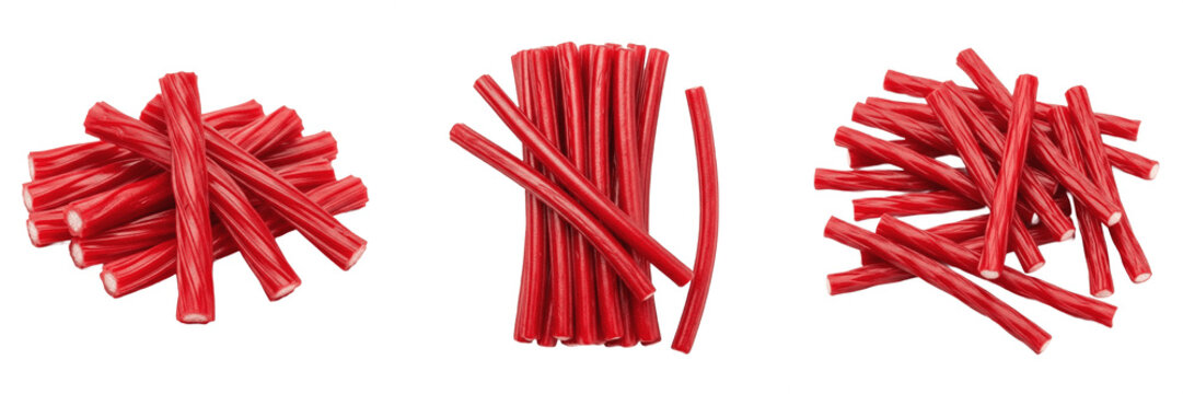 Red Licorice Candy Twists Set, Chewy Sweet Strawberry Flavored Candy Sticks Isolated on White Background, Delicious Confectionery Snacks for Parties and Dessert Decoration, Professional Photography fo