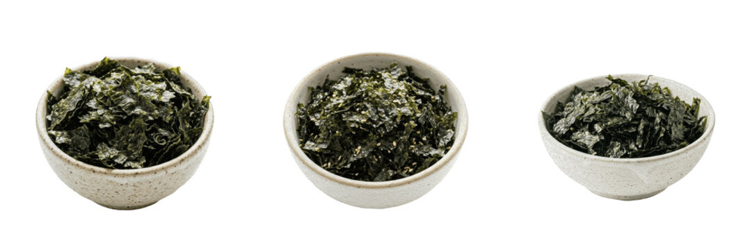 Dried Seaweed Flakes in Small Bowls Set Isolated on White Background, Crumbled Nori Sheets for Sushi and Topping, Healthy Japanese Food Ingredient, Delicious Savory Seasoning, Traditional Asian Cuisin