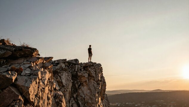 Man standing on the edge of a rocky cliff observes the landscape at sunset