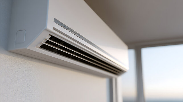 Modern white split air condition unit on a clean wall in a bright room with window view, providing comfort and fresh air