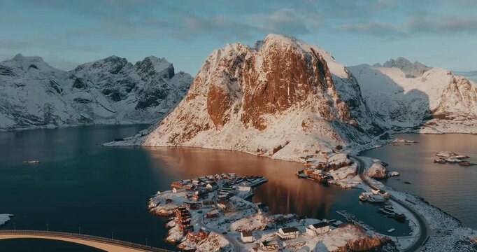 Aerial view of the city of Reine in Lofoten
