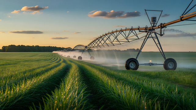 a massive center-pivot irrigation system spanning across vast rows of lush fields, created with generative ai