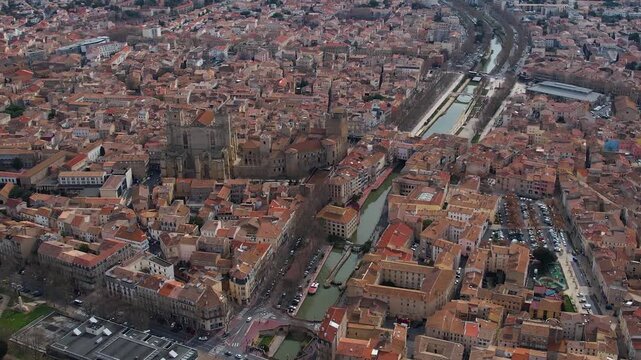 Aerial view of the old town of Narbonne in France on a sunny day in early spring.