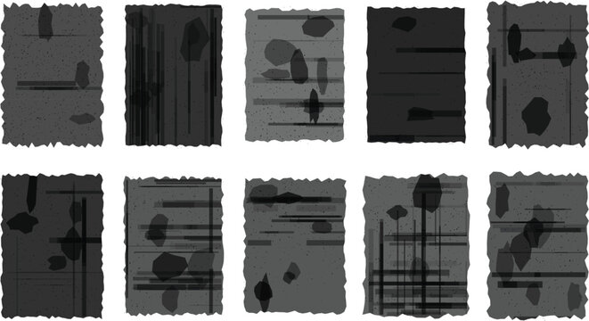 Vintage charcoal sketch textures, set of 10 dark gray abstract vector backgrounds, rough deckle edge paper frames with ink blot and line art