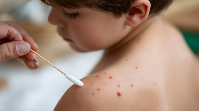 Child Skin Care: A Close-Up View of a Young Boy's Shoulders Treated with a Cotton Swab for Spots, Illustrating Pediatric Dermatology