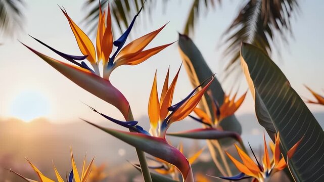Orange and blue bird of paradise flowers