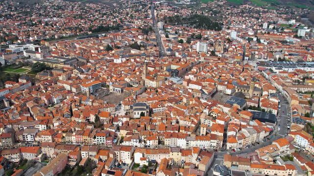Aerial around the city Millau, 12100, France on a sunny day in early spring.