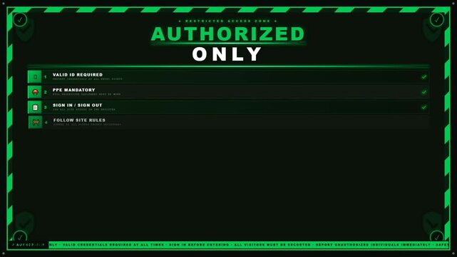 Authorized Only Restricted Access Zone Security Clearance Motion Graphic Green Neon