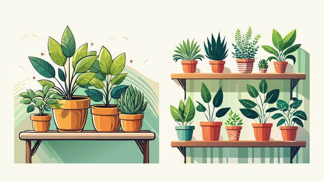 Collection of various potted plants displayed on shelves, evoking a sense of urban jungle and home decor