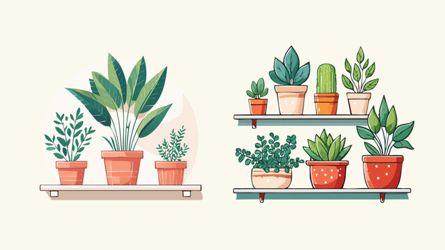 Vibrant Potted Plants on Shelves A Collection of Home Decor and Botanical Illustrations