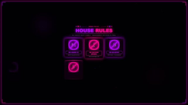 House Rules Venue Policy Nightclub Bar Restrictions Neon Motion Graphic Pink Purple