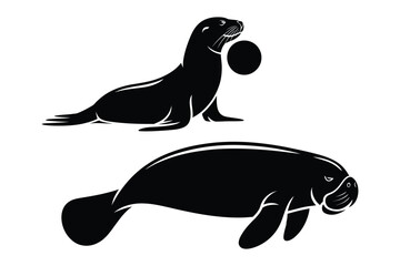 Silhouette of seal with ball and manatee silhouette illustration performance © Sadek