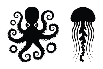 Underwater marine animals octopus and jellyfish silhouettes vector illustration © Sadek