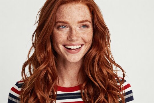 Cheerful redhead woman smiles while looking away from the camera in studio shot