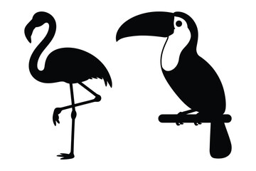 Fototapeta premium Elegant flamingo and exotic toucan bird silhouettes vector illustration