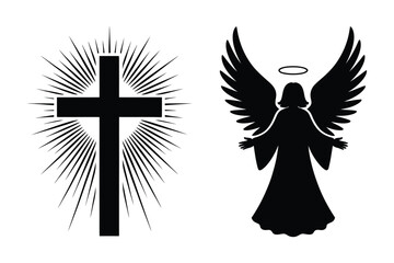 Obraz premium Black silhouette of christian cross with sun rays and angel with wings and halo