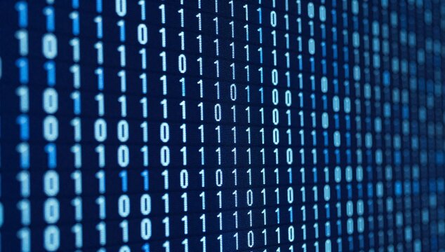 Abstract illustration of blue binary code showing zeros and ones on a dark background