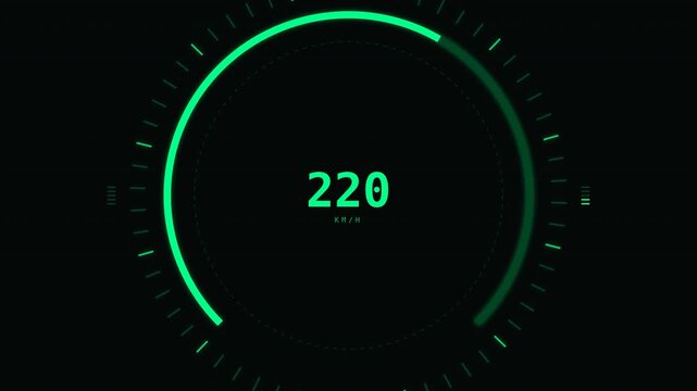 Dynamic digital speedometer animation showing real-time speed gauge with futuristic glow effects and smooth motion graphics for automotive video