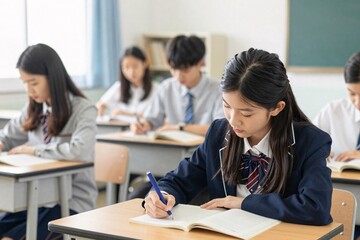 Fototapeta premium Students are writing in their notebooks at their desks in a classroom