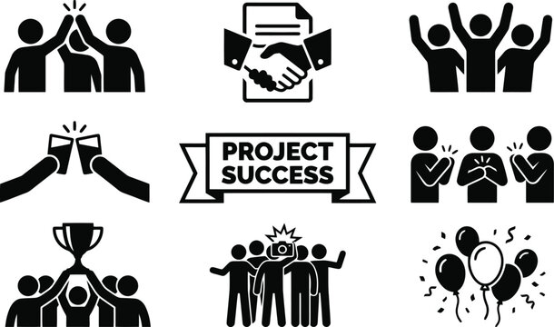 business team celebration stick figure, activities, project success symbols, transparent background.