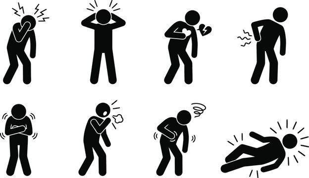 stick figure icon,  human body pain, medical health conditions.