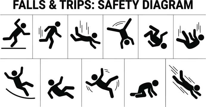  accident icons stick figure, people falling, tripping over, transparent background.