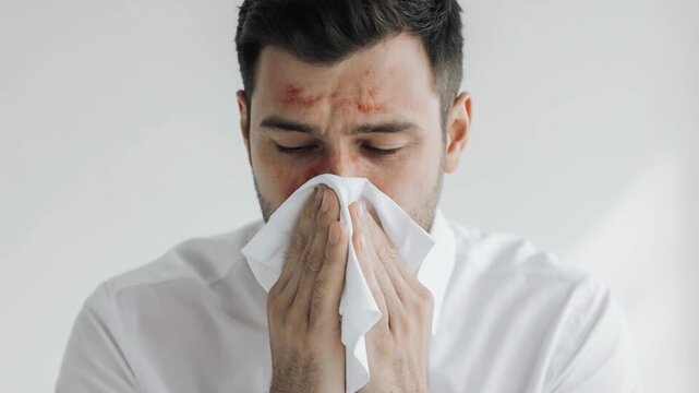 Sick Man Blowing Nose in Tissue